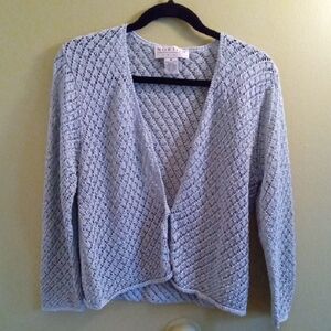 Womans M Norton Studio Powder Blue Cropped Open-Knit Cardigan Buttoned